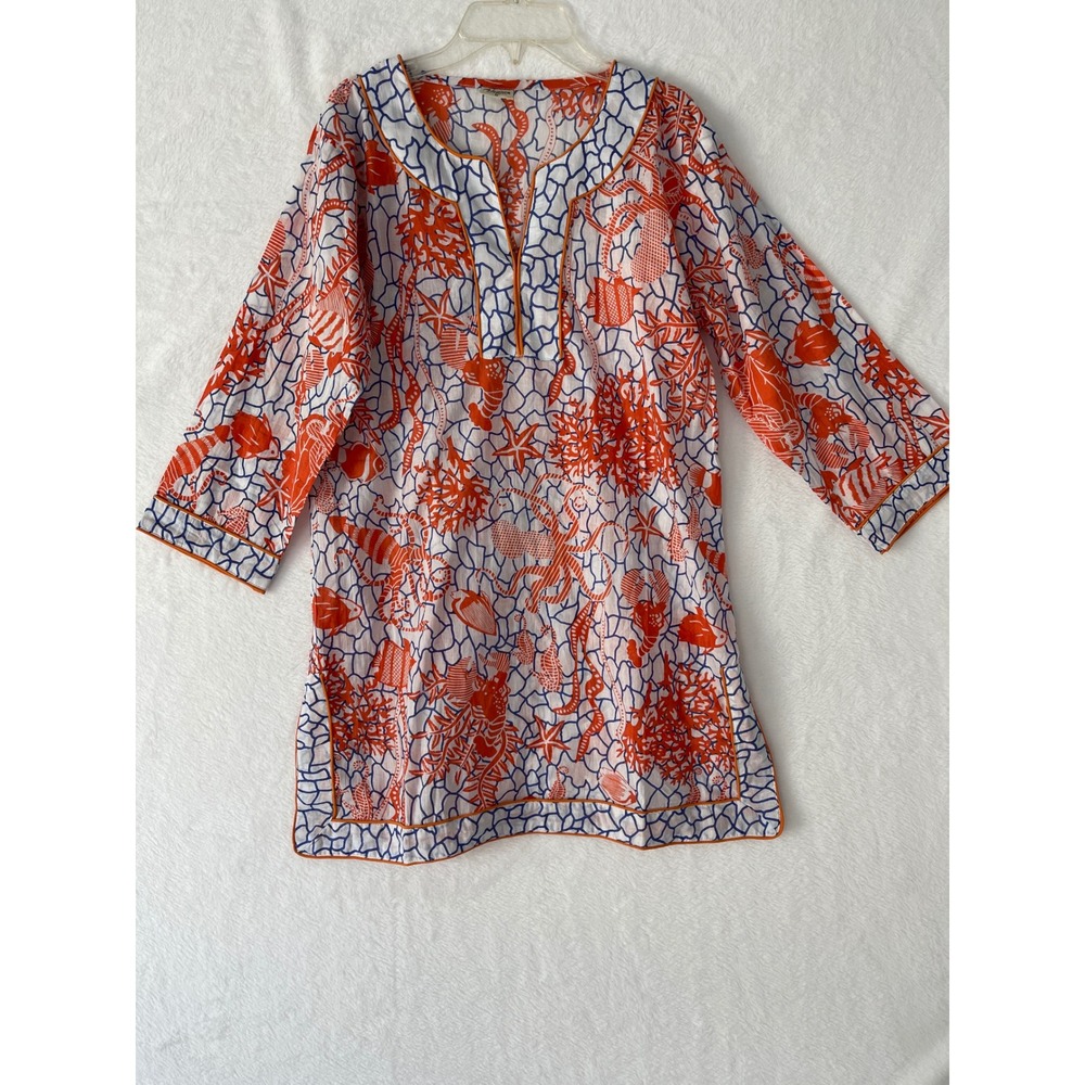 Advance Apparels Womens Small Cotton Tunic Orange Blue Nautical Sea Life Print